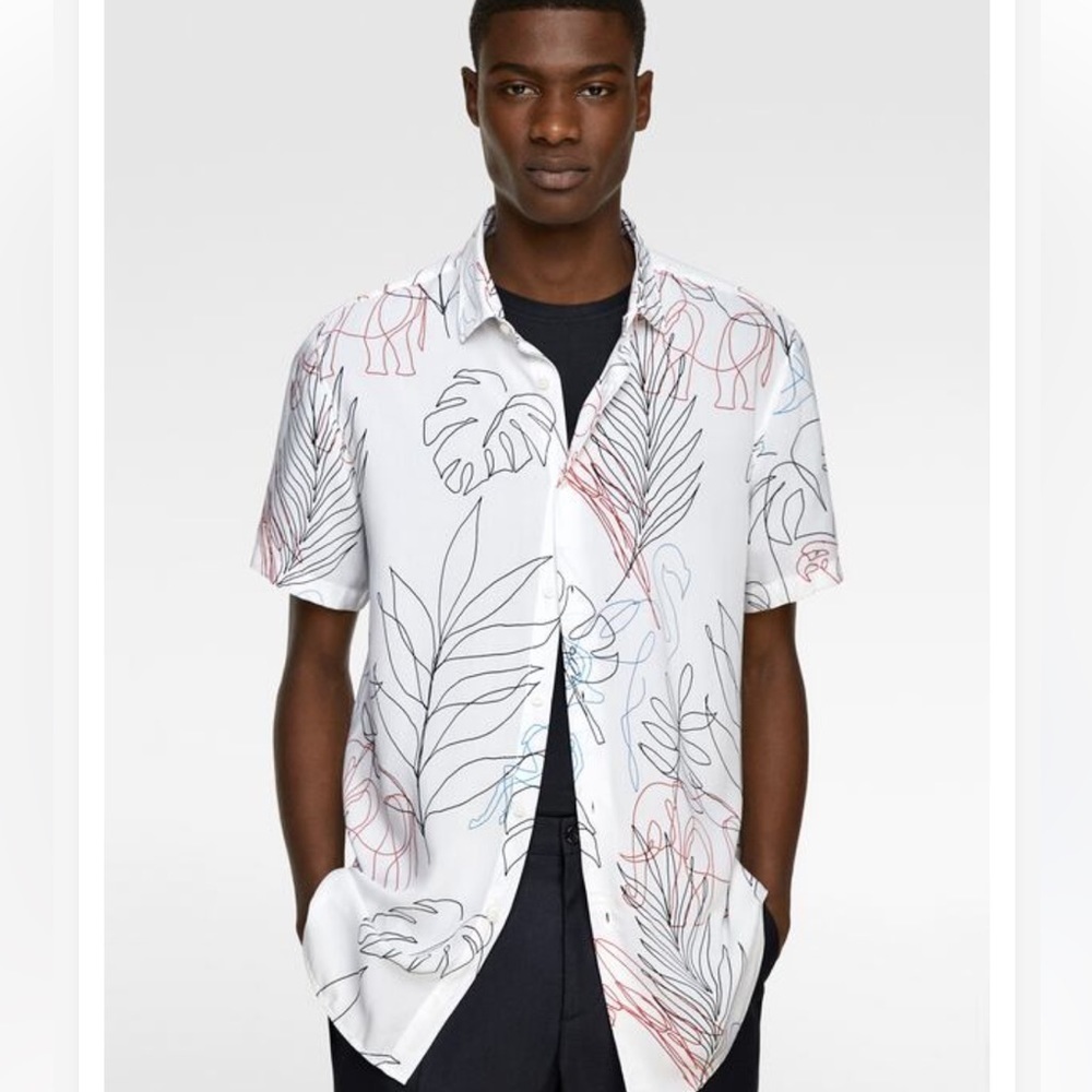 ZARA SLIM FIT TRACE print summer shirt short sleeve tropical / elephant scene L
